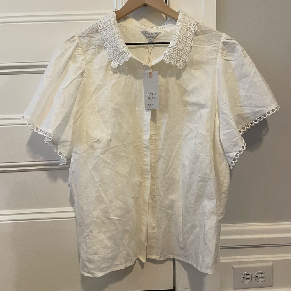 Monsoon Lace Collar Shirt in Linen Blend Ivory